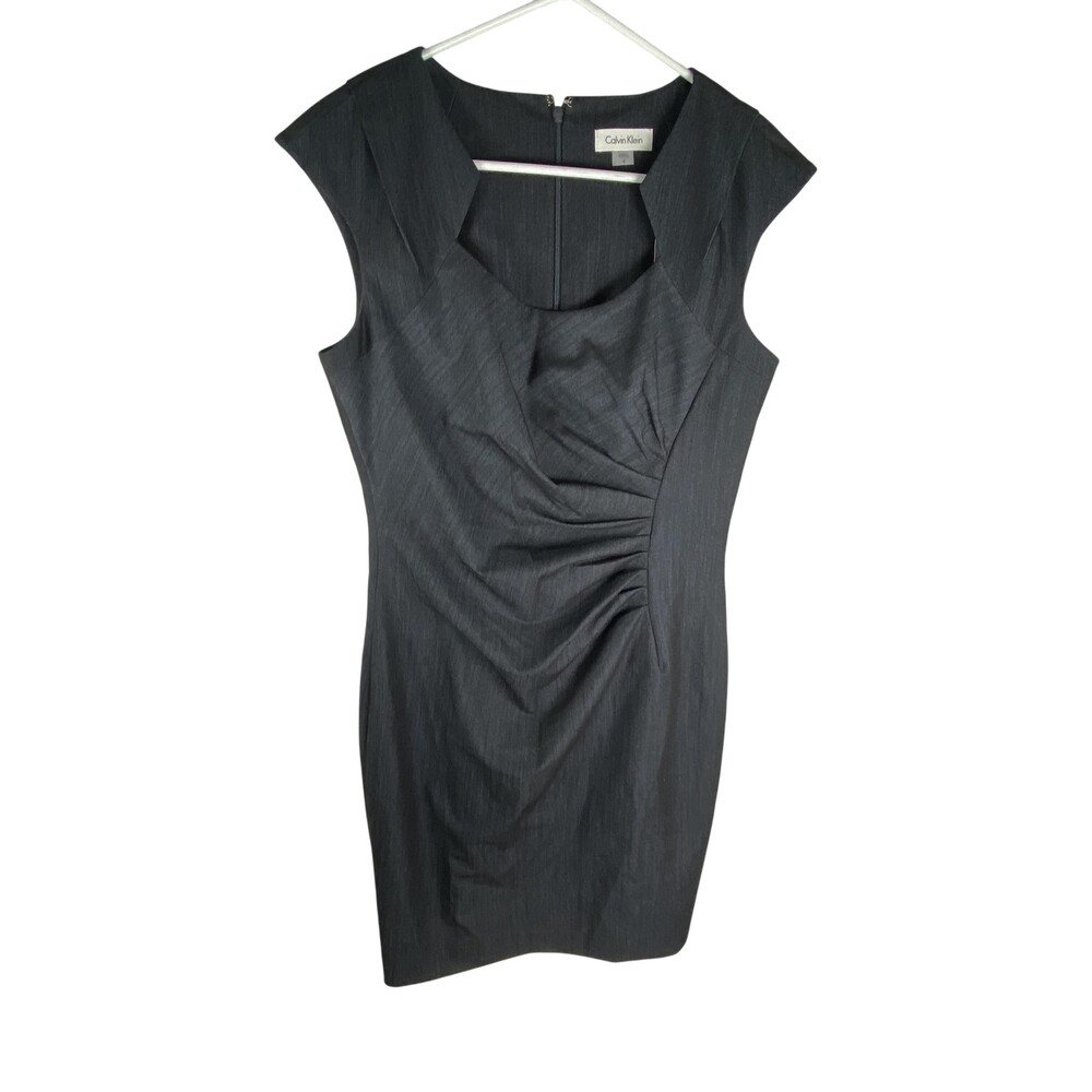 Calvin Klein Dress Womens 8 Navy Blue Ruched Sheath Cap Sleeve Scoop Neck Work